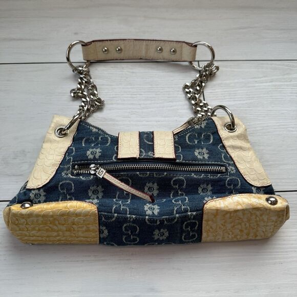 Y2K Gussaci Denim Monogram Faux Croc Leather Baguette Bag Purse Bling Big Buckle - Picture 4 of 13
